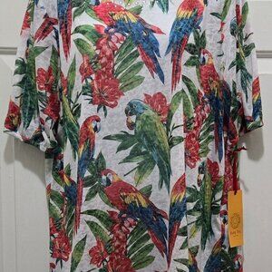 Ruby Rd Semi Sheer Blouse Beaded Neckline Tropical Parrot Print Size L
